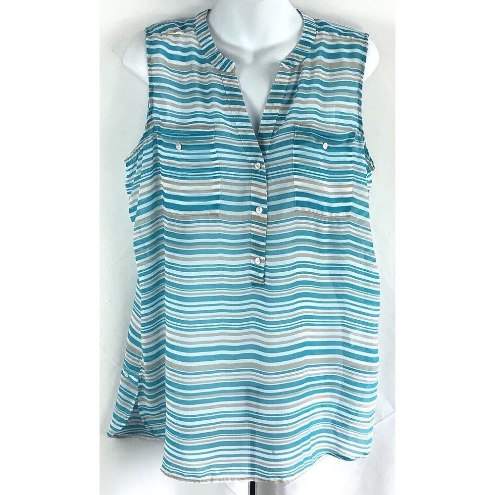 Vintage Sleeveless Chiffon Flowy Top L Aqua Stripe Band V-Neck Pocket Coastal